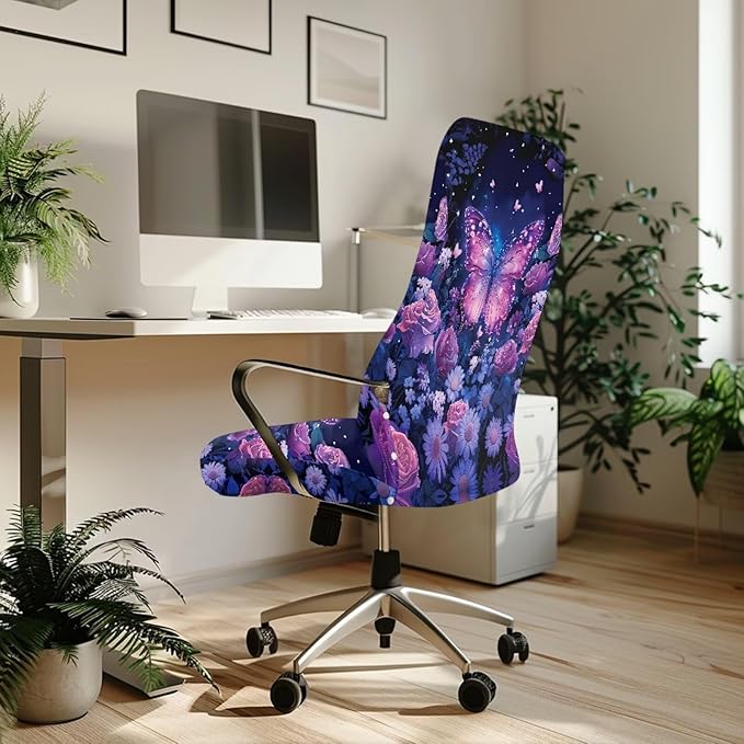 Talayituse Butterfly Rose Daisy Flower Print Office Chair Covers, Stretch Computer Chair Cover, Universal Boss Chair Covers Modern Simplism Style High Back Chair Slipcover, Small