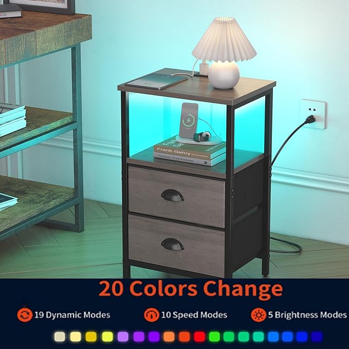 sthmec Nightstand with Charging Station, LED Night Stand with 2 Fabric Drawers, Grey Bedside Tables End Table with Drawers, 2-Tier Storage Side Table Nightstand with Drawers for Bedroom, Grey