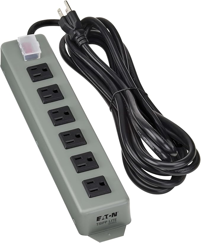 Eaton Tripp Lite Series Heavy Duty Power Strip with 6 Right-Angle Outlets, Metal, Mountable Wall Mount & Under Desk, 15ft Extension Cord, On/Off Switch Cover, Industrial Garage Work Bench (UL24RA-15)