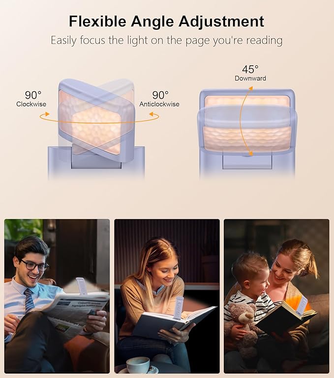 Gritin Book Light Rechargeable, Eye Caring 3-Color & 5-Brightness Clip on LED Reading Light for Books in Bed- Stepless Dimming, Long Lasting, Compact Size Flexible Book Lamp for Bookworms-Purple