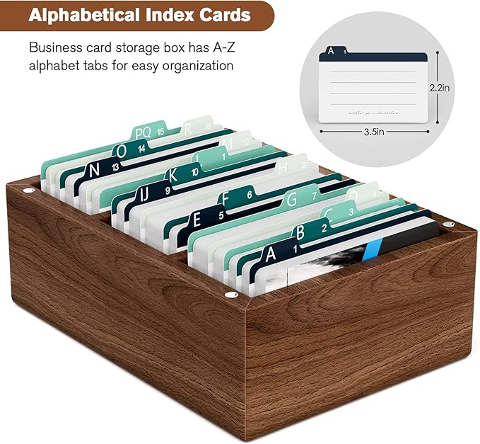 MaxGear Business Card Holder for Desk, 2.2" x 3.5" Walnut Wood Business Card Organizer, Index Cards Box Holds 300 Cards, 3 Divider Boards Includes A-Z Tabs, Desktop Organizers for Office & Home
