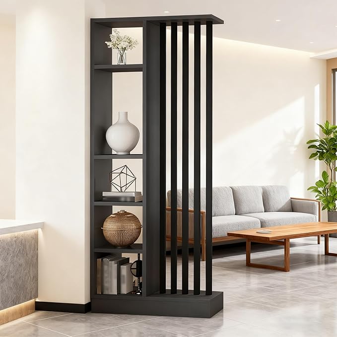 Room Divider with Shelves, Entrance Hall Partition Screen Column Floor to Ceiling - Freestanding Room Divider with Storage Shelf, Freestanding Decor for Bedroom (A Gray + Black, 31.5in / 80cm)