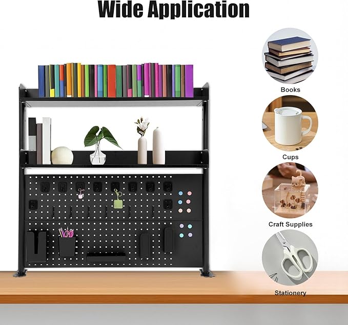 Clamp on Desk Organizer Shelf with Pegboard, Multipurpose Desktop Hutch Desk Bookshelf Desktop Bookcase Storage Rack Display Shelf for Home Office Dorm, Study Rooms, Bedrooms (Black)