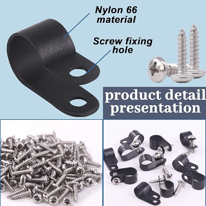 Glarks 120Pcs 1/2 Inch Black Nylon Screw Mounting R-Type Cable Clip Wire Clamp with 120Pcs Screws for Wire, Cable, Conduit and Cable Conduit Kit (Black)