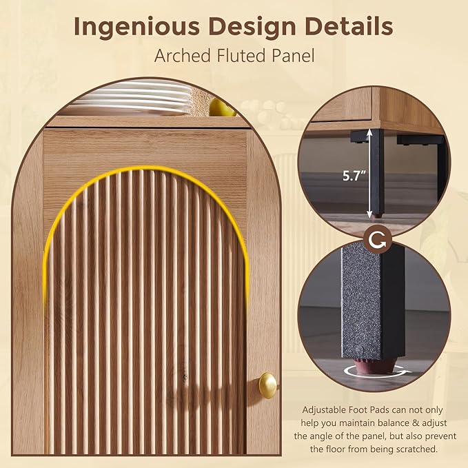 IFGET Modern Buffet Cabinet with Storage, 123.5" W Fluted Arched Sideboard Cabinet w/Adjustable Shelves, Wooden Modular Coffee Bar for Dining Room, Kitchen, Living Room, Entryway, Natural