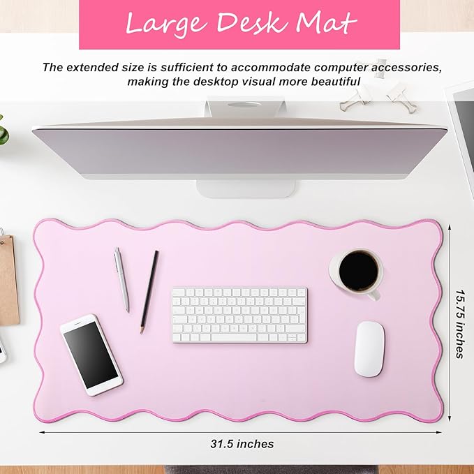 Hahafelt Scalloped Desk Mat Large Scalloped Piping Cute Desk Mat Aesthetic Preppy Table Pad Large Nonslip Pad with Edge Stitching Waterproof Gaming(Pink,31.5 x 15.8 Inches)
