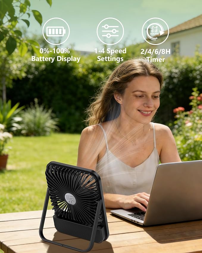 7in 8000mAh 28hrs Portable Fan with Timer & LED Lights,4 Adjustable Speeds, Digital Display-Ultra-Thin Travel Fan for Office, Cruise, Camping & Travel