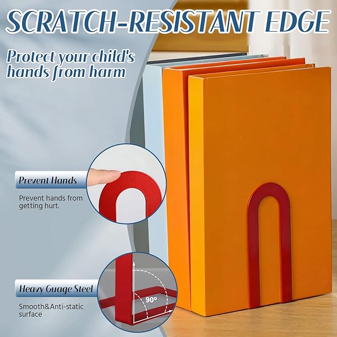 Chunful 12 Pcs Modern Metal Book Ends for Shelves Decorative Small Bookends Book Shelf Organizer Minimalist Design Stopper to Hold Books for Home Office (Red,5.5 * 3.75 * 2.25inch)