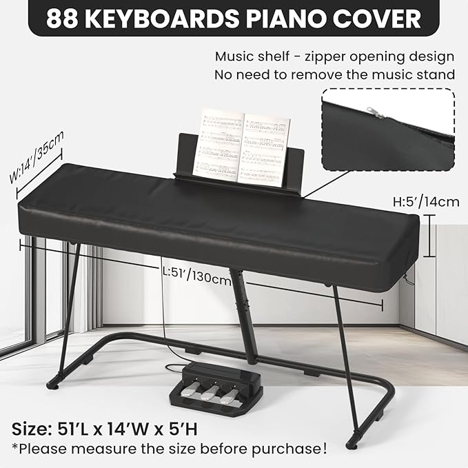 61/88 Keys Electric Piano Keyboard Dust Cover - Waterproof, Dustproof, Scratch-Resistant, Adjustable Fit, Machine Washable - 51.2"(L) x 14"(W) x 5"/4"(H)