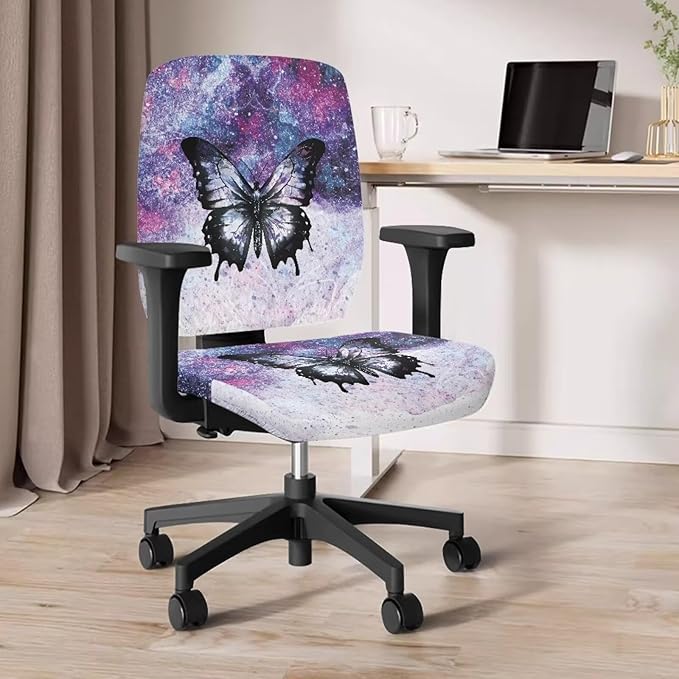 Butterfly Office Chair Covers 2 Piece Stretchable Computer Chair Seat Cover Decorative Universal Slipcover for Rotating Chair,Gaming Chair Protector Cover Galaxy Desk Accessories Purple