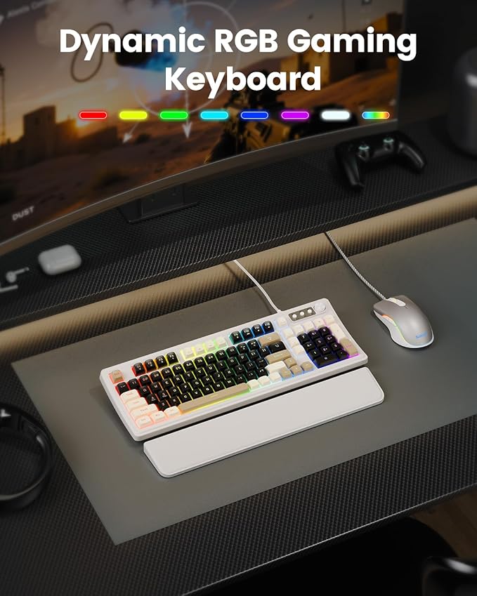 SABLUTE Wired Gaming Keyboard and Mouse, RGB Backlit Mechanical Feel PC Gaming Keyboard with Multimedia Knob & Anti-Ghosting Ergonomic Premium Leather Wrist Rest for Game (White)