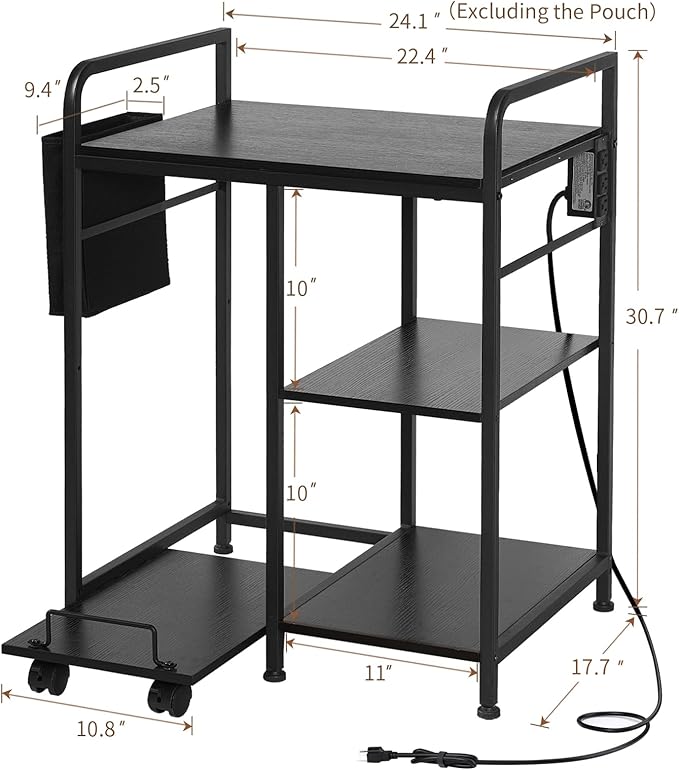 Sedegn Home Printer Stand with Charging Station, 24x18 Inches Stands for Large Printer, Printer Shredder Stand with Storage for Home Office, Table for Fax Machine/PC Tower (Black)