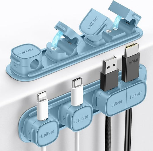 6 Pack Magnetic Cable Clips [1s Open/Lock], Laitver Cord Organizer Holder Strong Adhesive Desk Cable Management- Organize Charging Cords Neatly for Home, Office, Car,Desk, Nightstand-Peak Blue