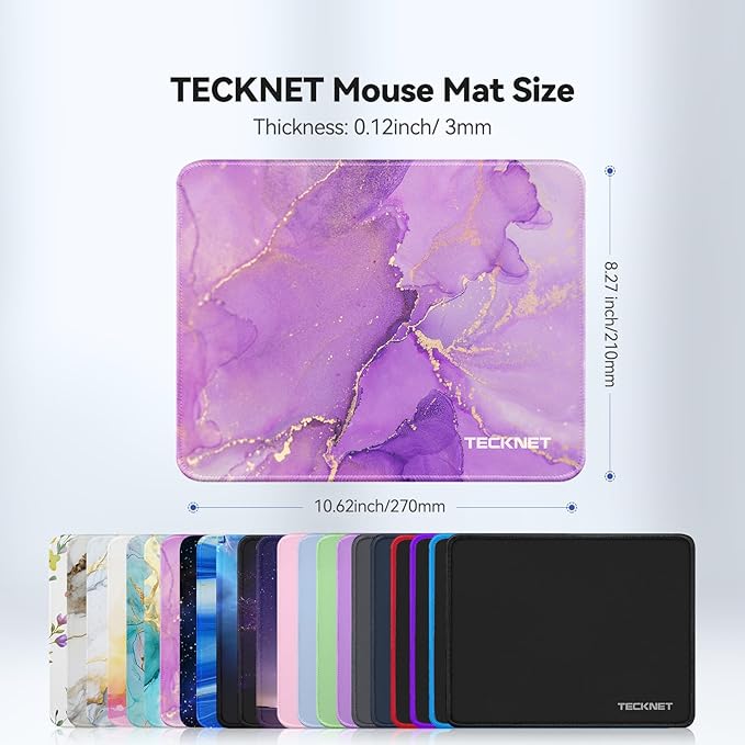 TECKNET Mouse Pad with Anti-fray Stitching, Waterproof Surface & Non-Slip Rubber Base with Stitched Edges Gaming Mouse Mat for Laptop，Compatible with Laser and Optical Mice - Purple Marble