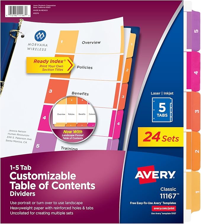 Avery Dividers for 3 Ring Binders, 5 Tabs per Set, Customizable Table of Contents, Multicolor Tabs, Great for Organizing High-Volume Reports, Projects, and More (24 Sets of 11167)