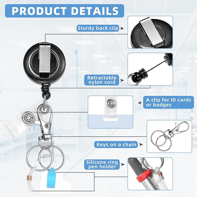 6 Pcs Pen Holders - Retractable Badge Reel, Pen Clip for Lanyard, Nurse ID Badge Holder, Office Hospital Accessories