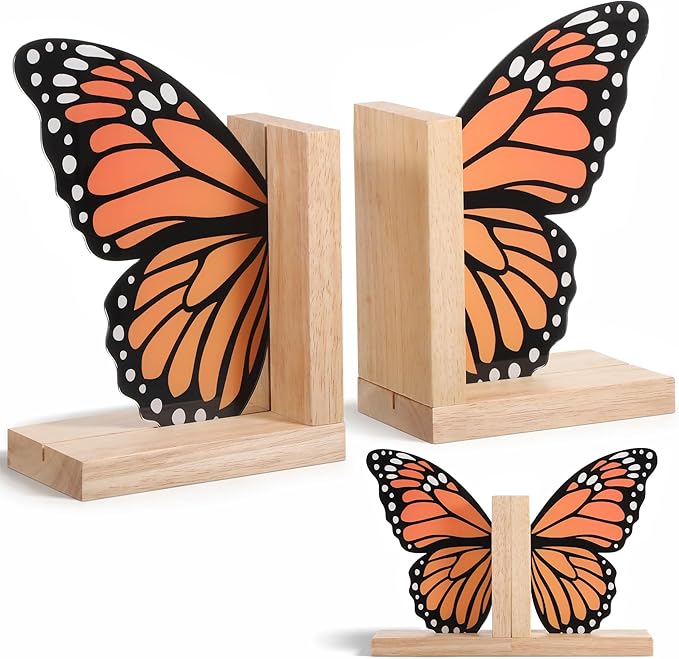Decorative Butterfly Bookends Wooden Acrylic Butterflys Bookend Modern Bookshelf Decor Accent Book Stopper Decor for Home Farmhouse Shelves Office Lover Gift (Monarch Butterfly)