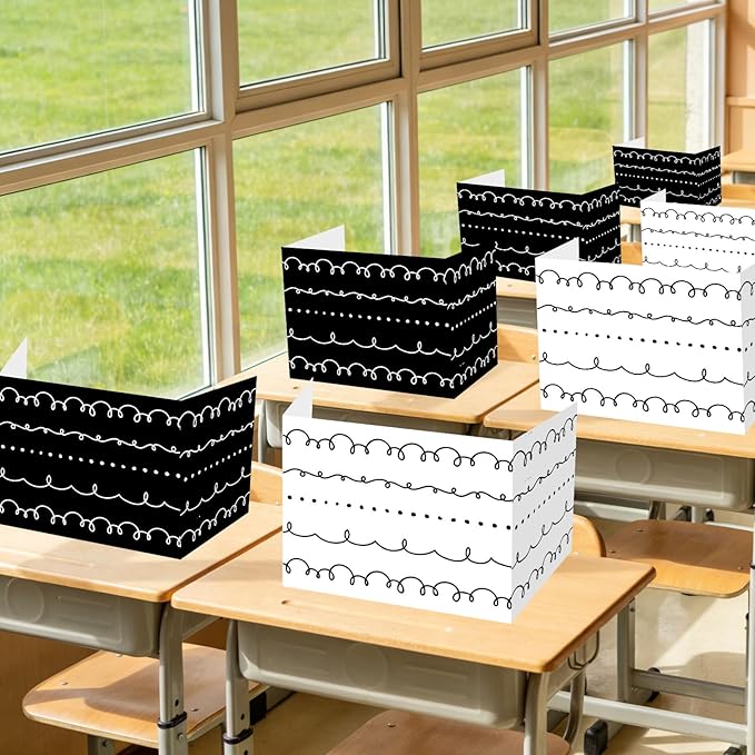 Whaline 24Pcs Student Desk Privacy Boards Classroom Desk Divider White Black Squiggle Dots Shield Privacy Panel Folders Screen Partition for School Teacher Student Test Supplies