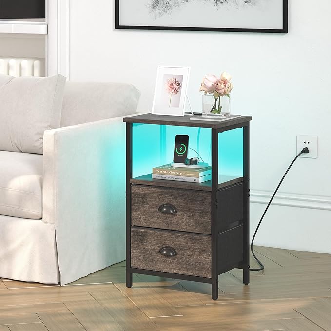 sthmec Nightstand with Charging Station, LED Night Stand with 2 Fabric Drawers, Bedside Tables End Table with Drawers, 2-Tier Storage Side Table Nightstand with Drawers for Bedroom, Black Oak