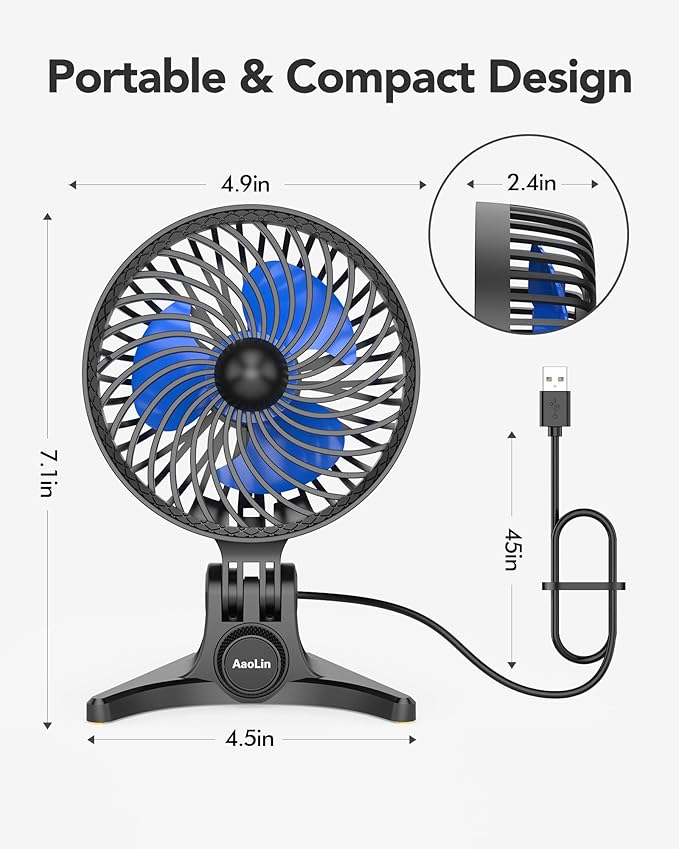 AaoLin USB Desk Fan, Small Fans with CVT Variable Speeds, Strong Cooling Airflow, Quiet Portable, Desktop Mini Personal Table Fan for Room, Home, Office, Bedroom, Blue Black