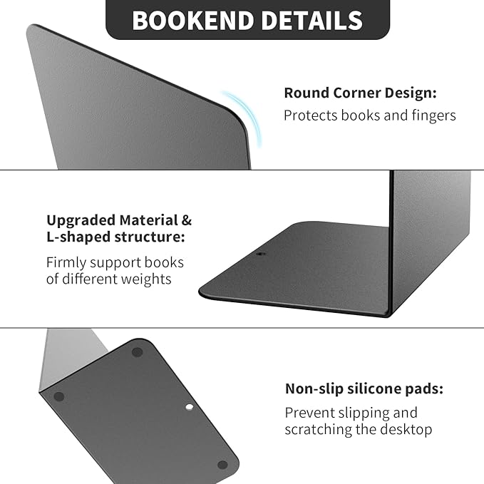 Book Ends, 6 Pieces Metal Bookend for Shelves, Bookends for Heavy Books, Book Holders for Shelves, Desk Organizers, Book Dividers for Office, School, Bookstore, Home