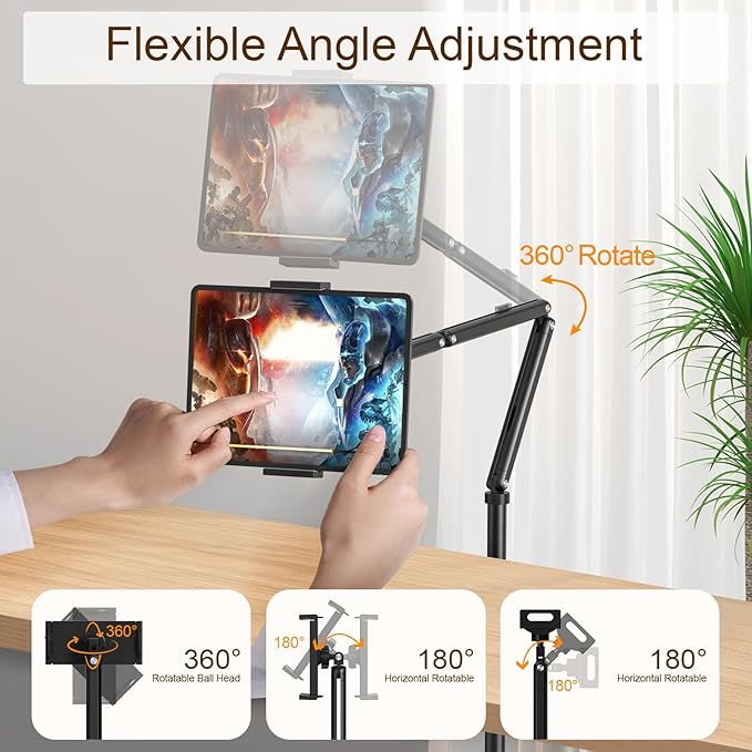 Houele Tablet Floor Stand with Removable Tray, iPad Floor Stand Holder for Bed, Height Adjustable Tablet Mount iPad Holder for 4.7”-15.6” Tablets iPads and Phones