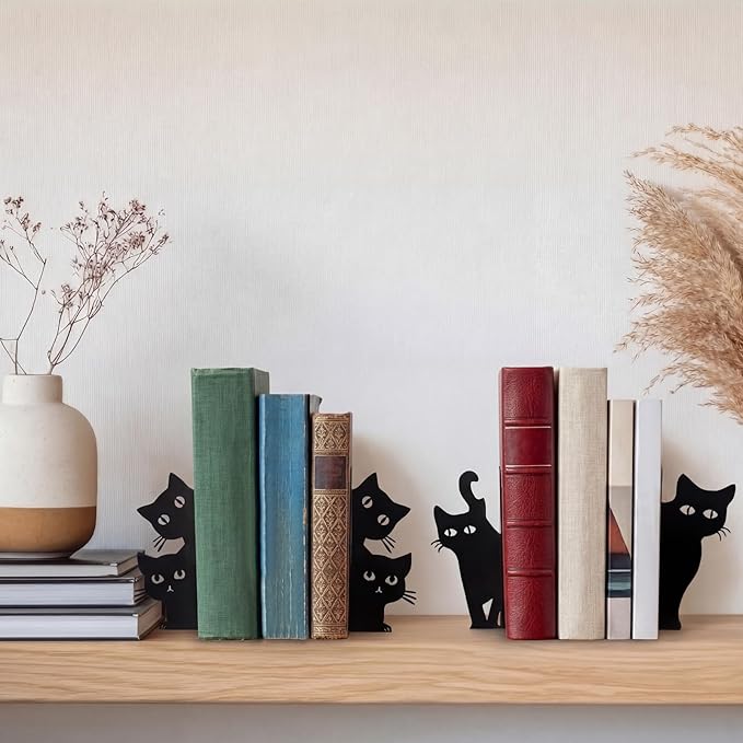 Flutesan 6pcs Black Cat Metal Bookends Cute Cats Bookends for Shelves, Bookshelf Decorative Home Office Desk, Bookstore, Bookshelf Decor Cat and Reading Lovers Gift