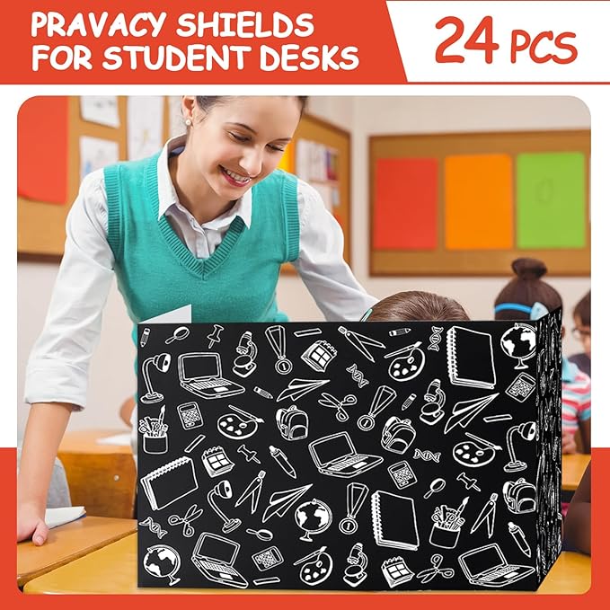 Harloon 24 Pcs Privacy Boards for Student Desk Dividers for Students Cardboard Privacy Folders Classroom Study Carrel Dividers Bulk Folder for Test Reduces Distraction (Black Stationery)