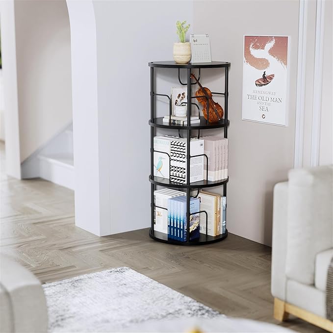ALLSTAND Rotating Bookshelf, 3 Tier Round Revolving Bookcase with Special Visible Partition Storage, 360° Display Spinning Small Bookshelf Tower Book Shelf Organizer for Bedroom, Small Space, Black