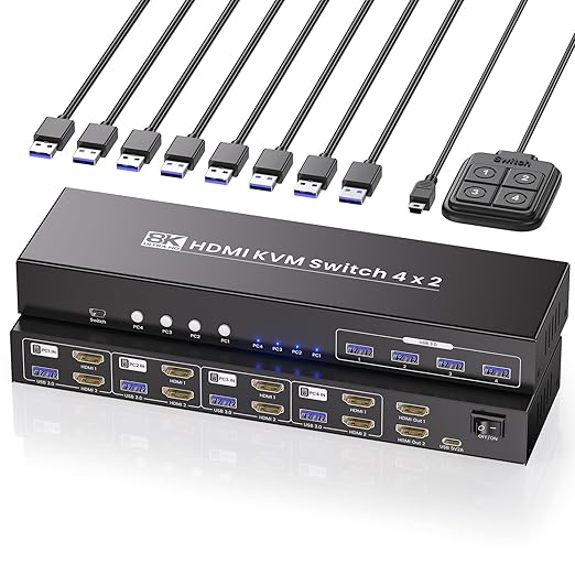 Dual Monitor HDMI KVM Switch, 8K60Hz 4K120Hz KVM Switch 2 Monitors 4 Computers for 4 PCs Management with 1 Set of Keyboard and Mouse, 4-Port USB 3.0 Sharing