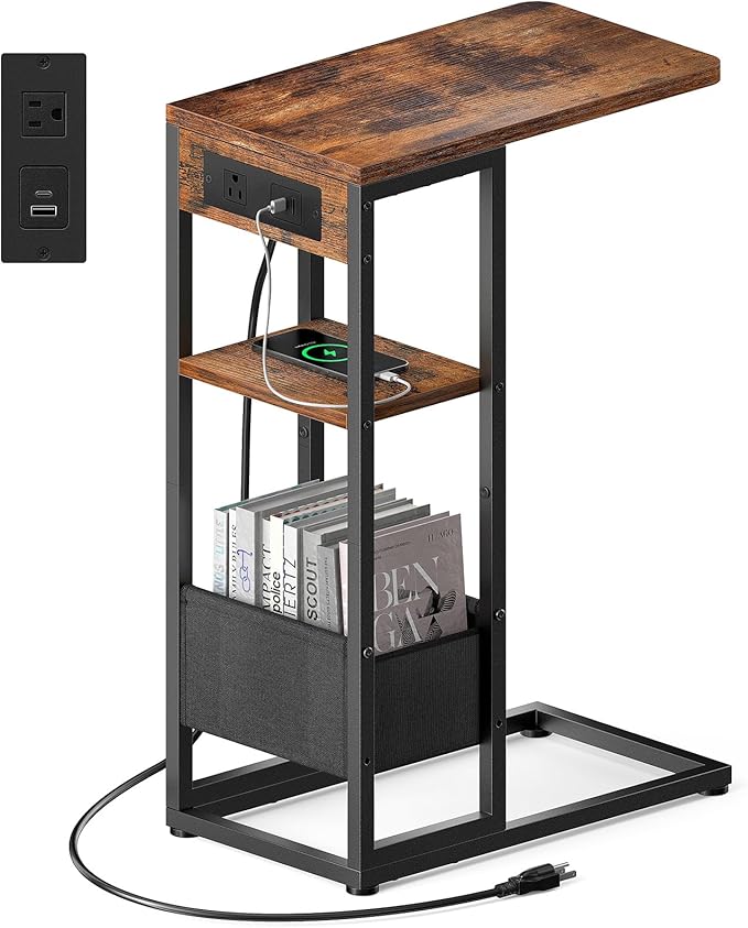 C Shaped End Table with Charging Station,3-Layer Sofa C Table Side Table, Slide Under Sofa Desk Snack Tables with Storage Bag w/AC U-S-B Port & Socket,Small Spaces Drink Tables for Living Room