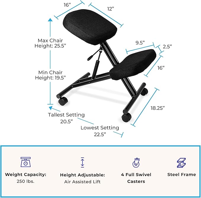 ProErgo Pneumatic Ergonomic Kneeling Chair | Fully Adjustable Mobile Office Seating | Improve Posture to Relieve Neck & Back Pain | Easy Assembly | Use in Home, Office & Classroom