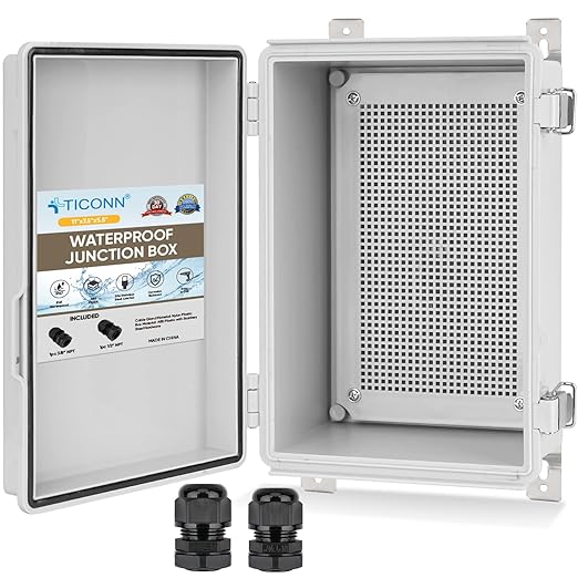 TICONN 2PK Outdoor Electrical Box Waterproof, Junction Box IP67 ABS Plastic Enclosure with Hinged Cover with Mounting Plate, Wall Brackets, Cable Glands (Off-White, 11"X7.5"X5.5")