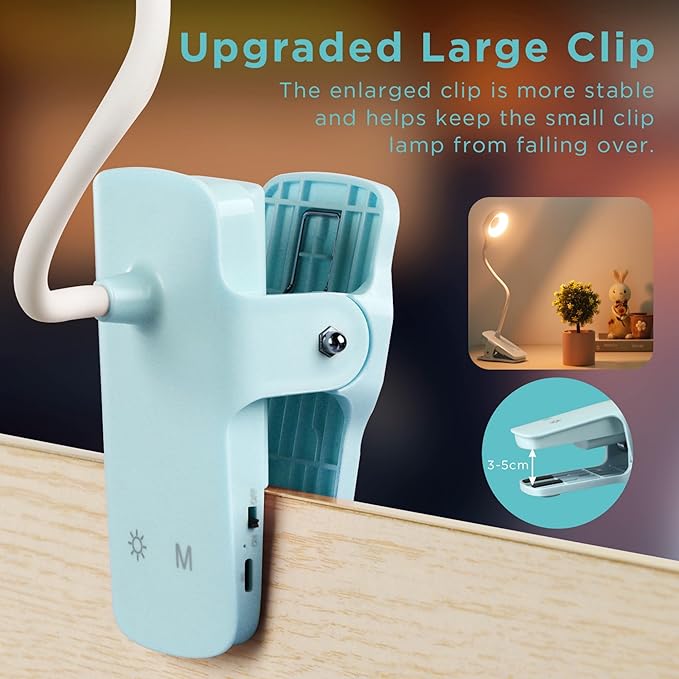 Akynite Desk Lamp LED Clip on Light, 5 Modes 5 Brightness Dimmable Clamp Light, Rechargeable Battery Flexible Clip on Reading Lamp for Bed Headboard Bunk Bed at Night for Kids (Blue)