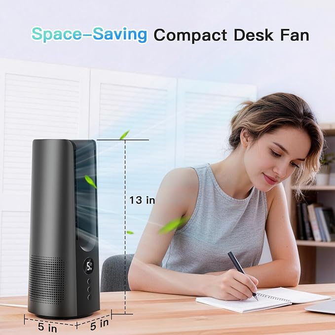 13 Inch Desk Fan, Portable Bladeless Fan, Small Quiet Table Fan with 60°Oscillating, 5 Speeds & 9H Timer, LED Display, Button Control, Easy to Clean, Personal Desktop Fan for Bedroom, Office, Home