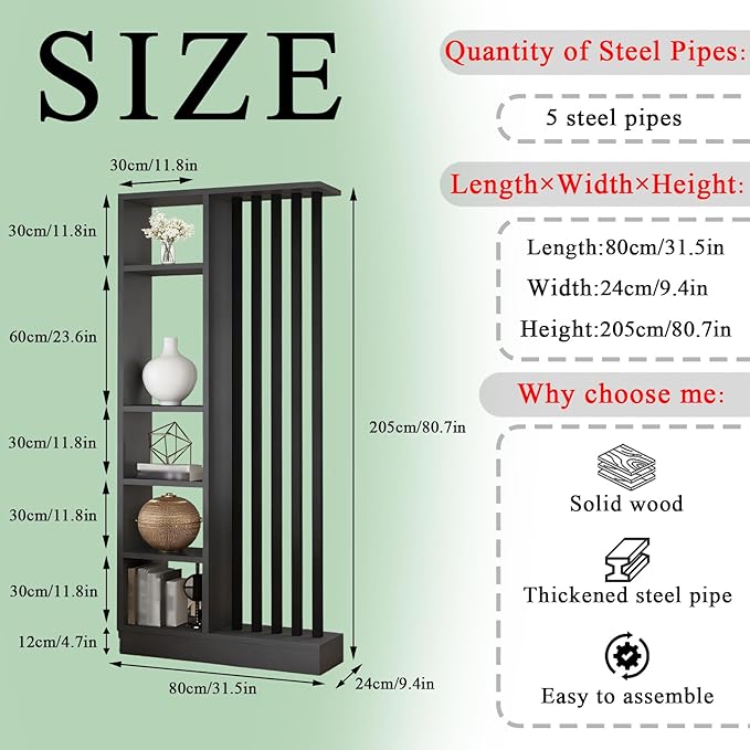 Room Divider with Shelves, Entrance Hall Partition Screen Column Floor to Ceiling - Freestanding Room Divider with Storage Shelf, Freestanding Decor for Bedroom (A Gray + Black, 31.5in / 80cm)