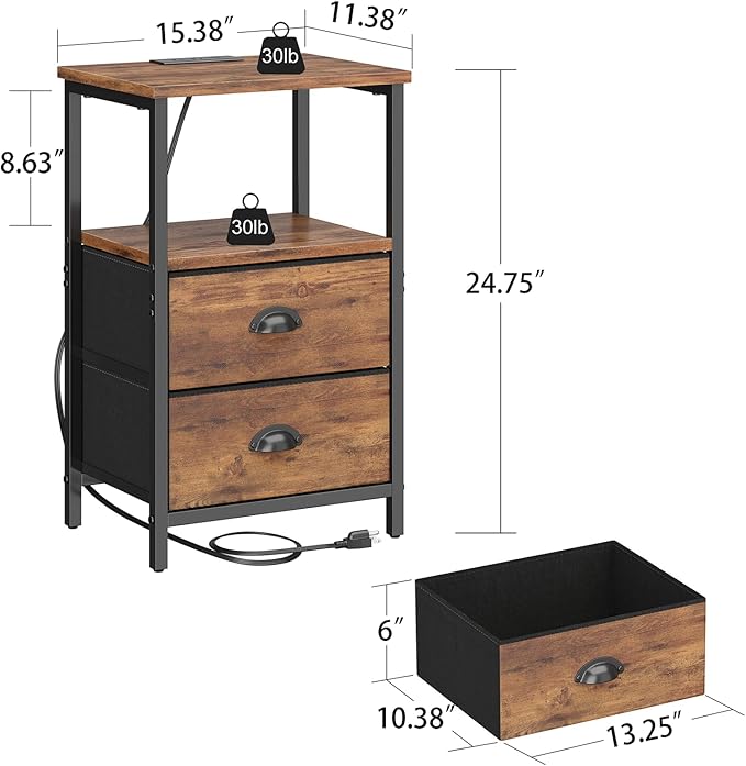 sthmec Nightstand with Charging Station, Night Stand with 2 Fabric Drawers, Bedside Table End Table with LED Light, 3-Tier Storage Side Table Nightstand with Drawers for Bedroom,Rustic Brown