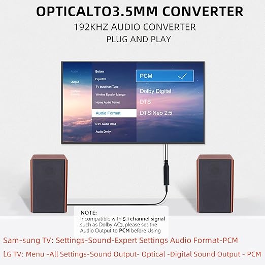 192KHz DAC Optical to 3.5mm Converter,Optical Audio Cable to AUX Cable Adapter,Digital to Analog Audio Converter for HDTV DVD Set-top Boxes (Unidirectional from O-ptical to A UX Only) Aux Cable - 3FT