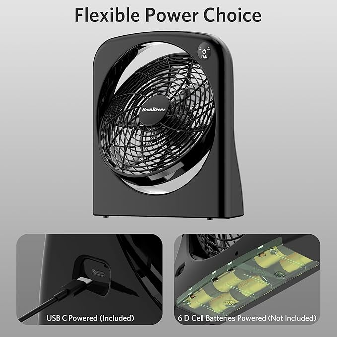 9" Desk Fan, Battery & USB-C Powered, 2 Cooling Speeds Table Fan With 90° Adjustable Tilt, 388ft³/Min Powerful Airflow, Portable Desktop Fan for Home, Office, Kitchen, Travel, Black