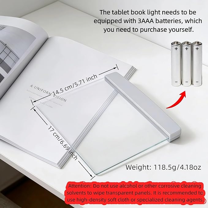 Book Light LED Flat Panel - Wireless Clip-On Eye-Care Page Light for Night Bed Reading, No-Glare Portable Reading Lamp for Students Adults, White