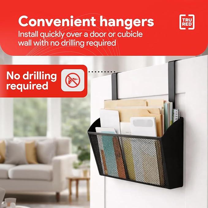 TRU RED Mesh Letter Wall File, 1‑Pocket, Black – Wall‑Mounted File Organizer for Mail, Documents & Quick‑Access Storage