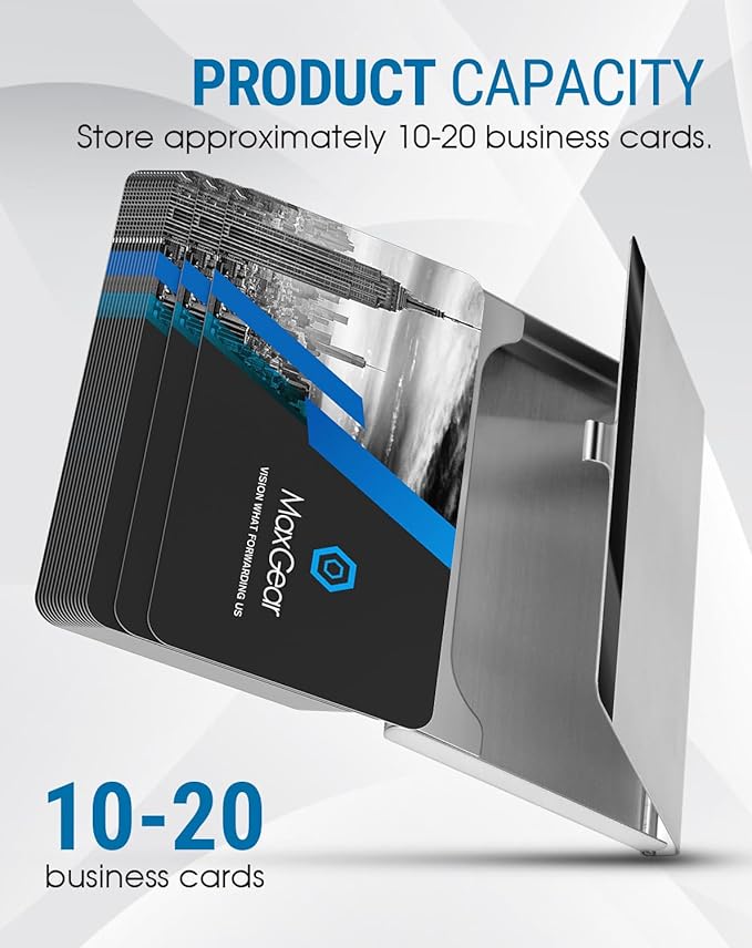 MaxGear Metal Business Card Holder for Men & Women, Stainless Steel Business Card Case Holds 10–20 Cards, Slim Pocket Name Cards Holder with Interior Lining & Buckle Closure, Silver Mirror