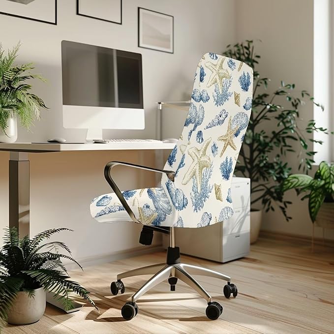 Talayituse Starfish Conch Coral Print Office Chair Covers, Stretch Computer Chair Cover, Universal Boss Chair Covers Modern Simplism Style High Back Chair Slipcover, Small
