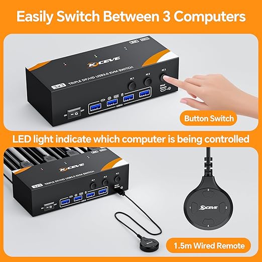 KCEVE 8K KVM Switch 3 Monitors 3 Computers Displayport HDMI, USB 3.0 KVM Switch Triple Monitor 4K@144Hz 8K@60Hz for 3 Computers Share Keyboard Mouse, Wired Remote(8K HDMI DP 3 in 3 Out KVM)
