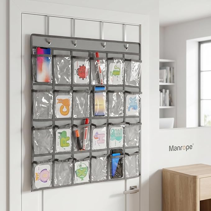 DOITOOL 24 Clear Pockets Classroom Pocket Chart for Cell Phones Calculator Holder Over The Door Hanging Closet Jewelry Organizer Clear Pocket Chart Organizer for Classroom Cellphone Storage