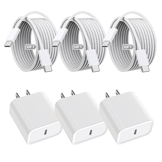 iPhone 16 15 Charger Fast Charging,3Pack 20W Fast Charging USB C Charger with 10Foot Long Type C to C Cable Cord TypeC Block Brick for iPhone 17/16e/16/16Pro/16 Plus/16 ProMax/15 Pro,iPad Air/Pro/Mini