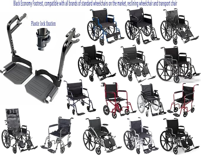 Economy Footrest for Standard Wheelchairs and Transport Chair, Composite Footplates And Heel Loops,Universal Swing-Away Footrests, wheelchair replace parts.Same function as T93HEP, PH-SF.(1 Pr, Black)