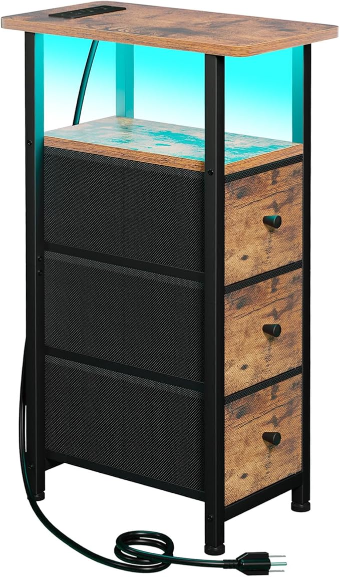 LOAKEKEL Narrow End Table Living Room with Charging Station, Skinny Side Table with Fabric Drawers, Slim LED Nightstand for Bedroom, Small Spaces, Couch, Brown, HETNDP03LBR-1