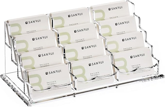 YUXUN Business Card Holder Display for Desk-12 Slots 4 Tier, Clear Multiple Acrylic Cards Stand for Women and Men, Business Card Holder Case for Office Supplies Home School