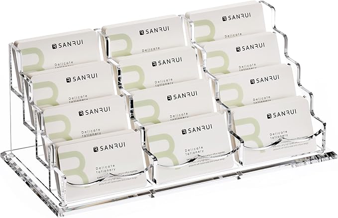 SANRUI Business Card Holder for Desk Clear Acrylic Business Card Holders, Business Card Display Stand 4 Tier 12 Slots
